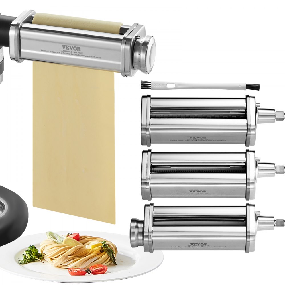 VEVOR Accesorio de pasta para batidora de pie KitchenAid, juego de cortador de rodillo de pasta de acero inoxidable que incluye rodillo de hoja de pasta, cortador de espaguetis y fettuccine, 8 perillas de espesor ajustables para hacer pasta, 3 piezas