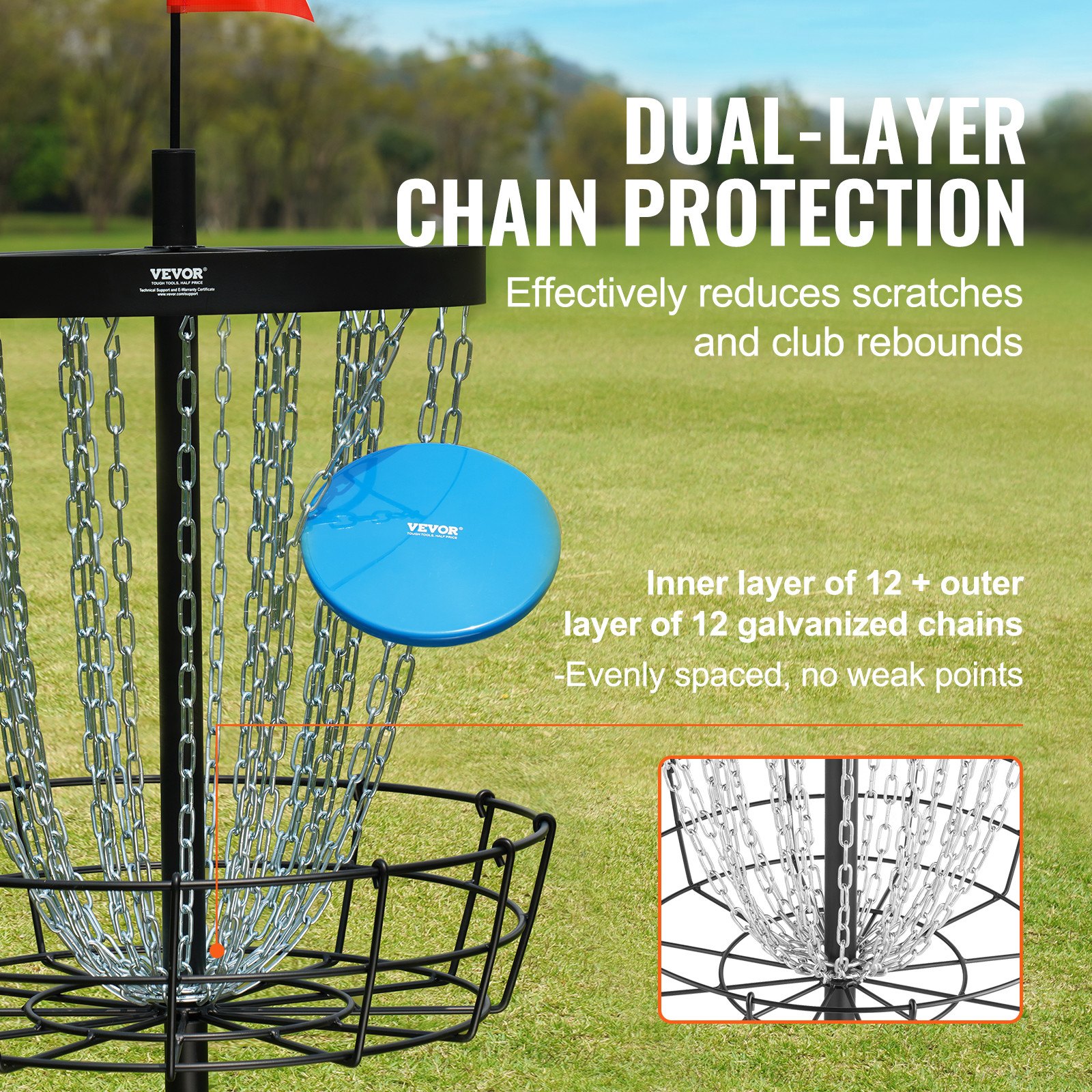 Cesta de disc golf VEVOR, objetivo portátil de 24 cadenas para disc golf, objetivo de práctica de disc golf de acero resistente, cesta para campos de disc golf interiores y exteriores, soporte para cesta de disc golf, color negro
