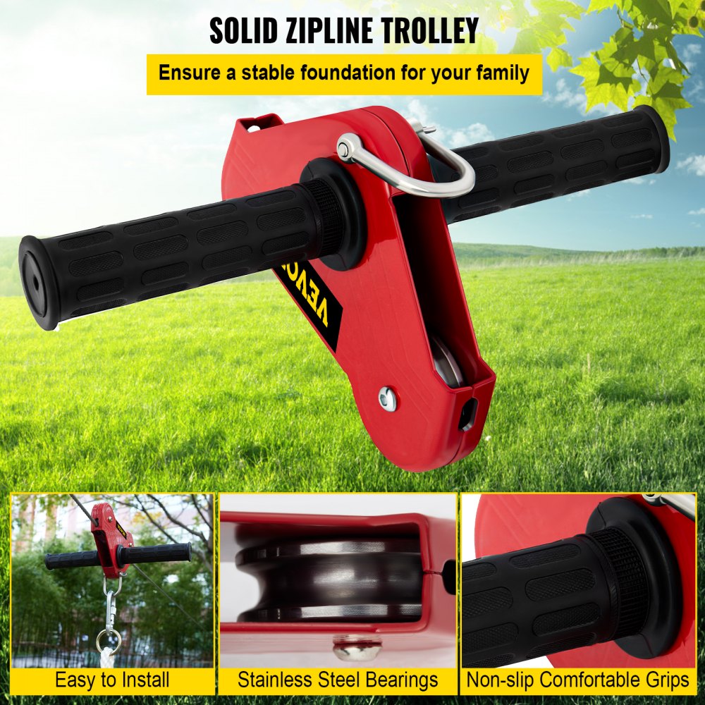 Tuspuzz Kits de Tirolina para Patio, Tirolina para Niños y Adultos, Incluye Asiento de Columpio, Freno de Tirolina, y Carro de Acero, Equipo de Patio al Aire Libre. (90FT)