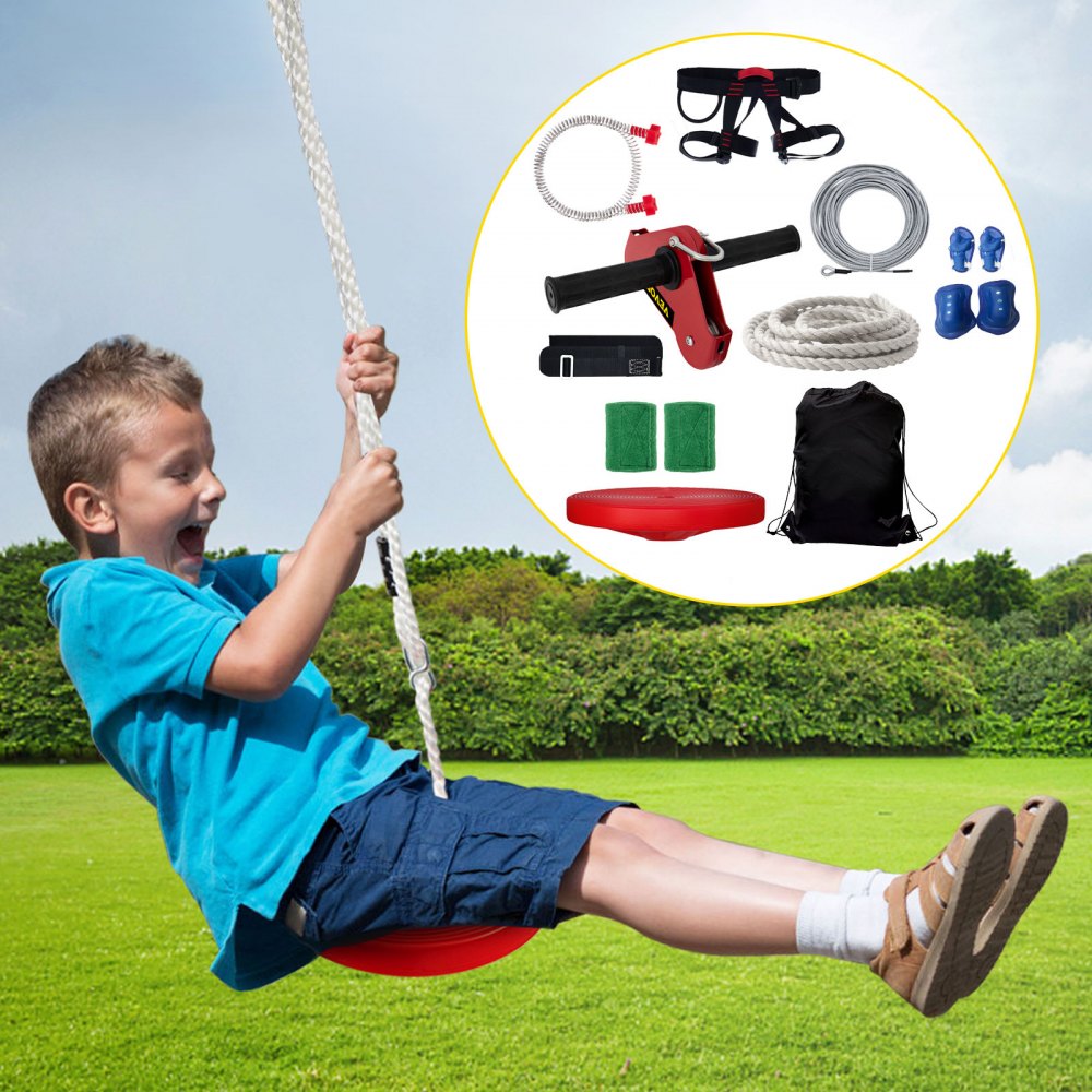 Tuspuzz Kits de Tirolina para Patio, Tirolina para Niños y Adultos, Incluye Asiento de Columpio, Freno de Tirolina, y Carro de Acero, Equipo de Patio al Aire Libre. (90FT)