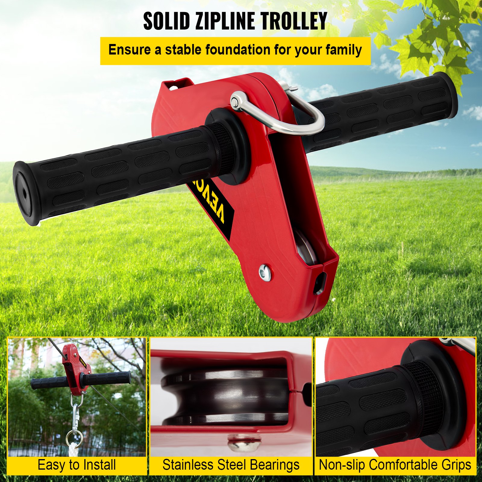 Tuspuzz Kits de Tirolina para Patio, Tirolina para Niños y Adultos, Incluye Asiento de Columpio, Freno de Tirolina, y Carro de Acero, Equipo de Patio al Aire Libre. (90FT)