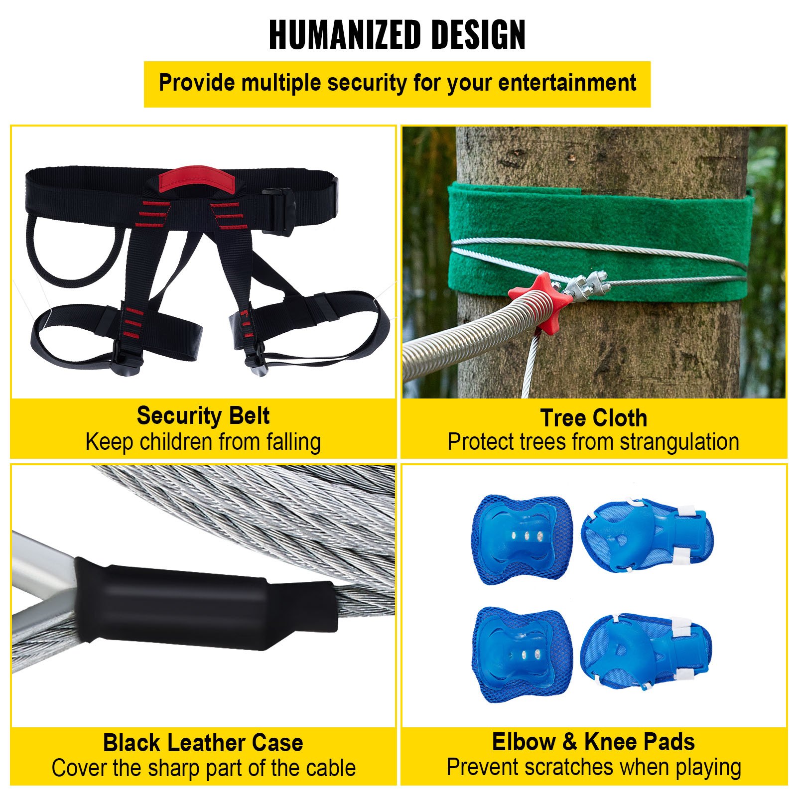 Tuspuzz Kits de Tirolina para Patio, Tirolina para Niños y Adultos, Incluye Asiento de Columpio, Freno de Tirolina, y Carro de Acero, Equipo de Patio al Aire Libre. (90FT)