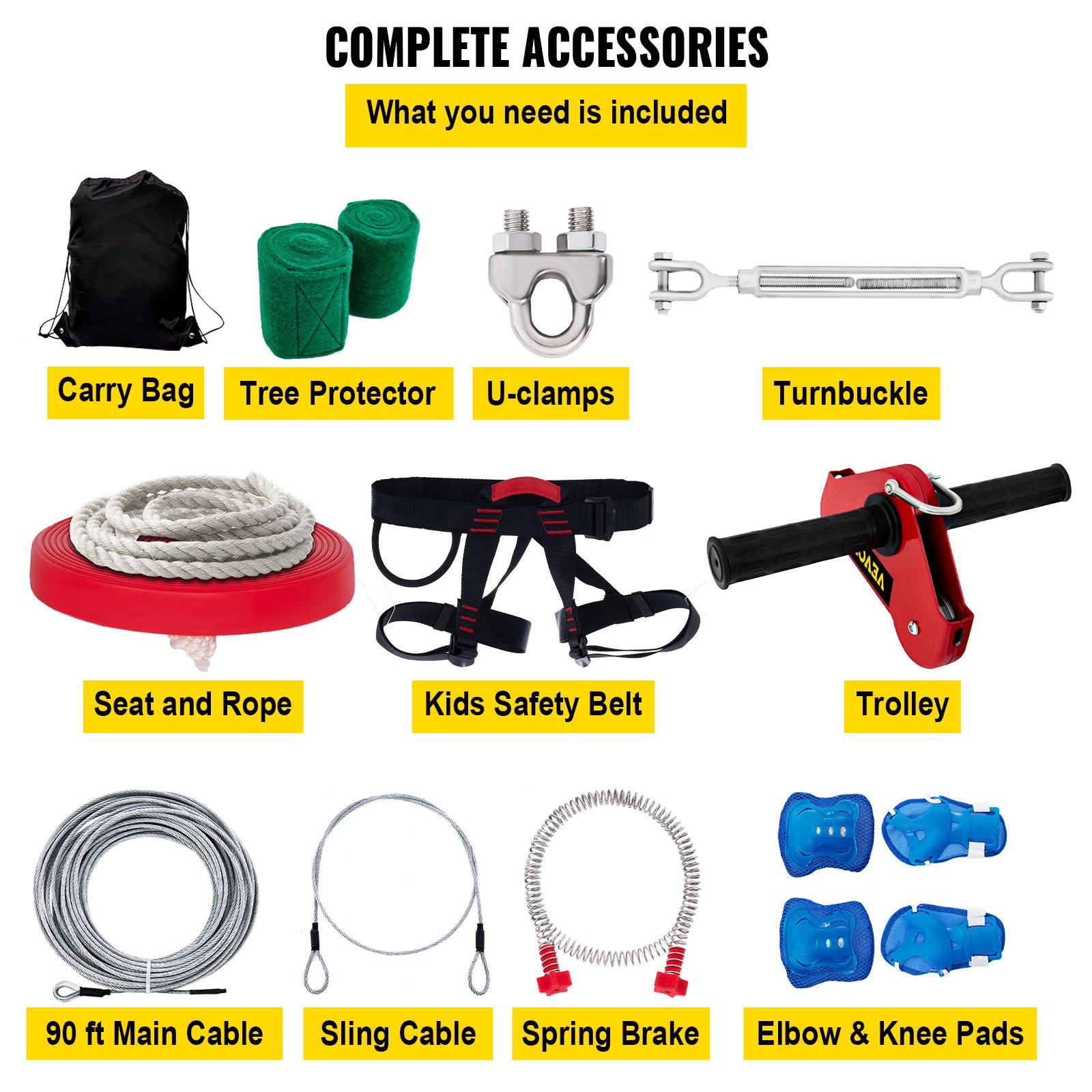 Tuspuzz Kits de Tirolina para Patio, Tirolina para Niños y Adultos, Incluye Asiento de Columpio, Freno de Tirolina, y Carro de Acero, Equipo de Patio al Aire Libre. (90FT)
