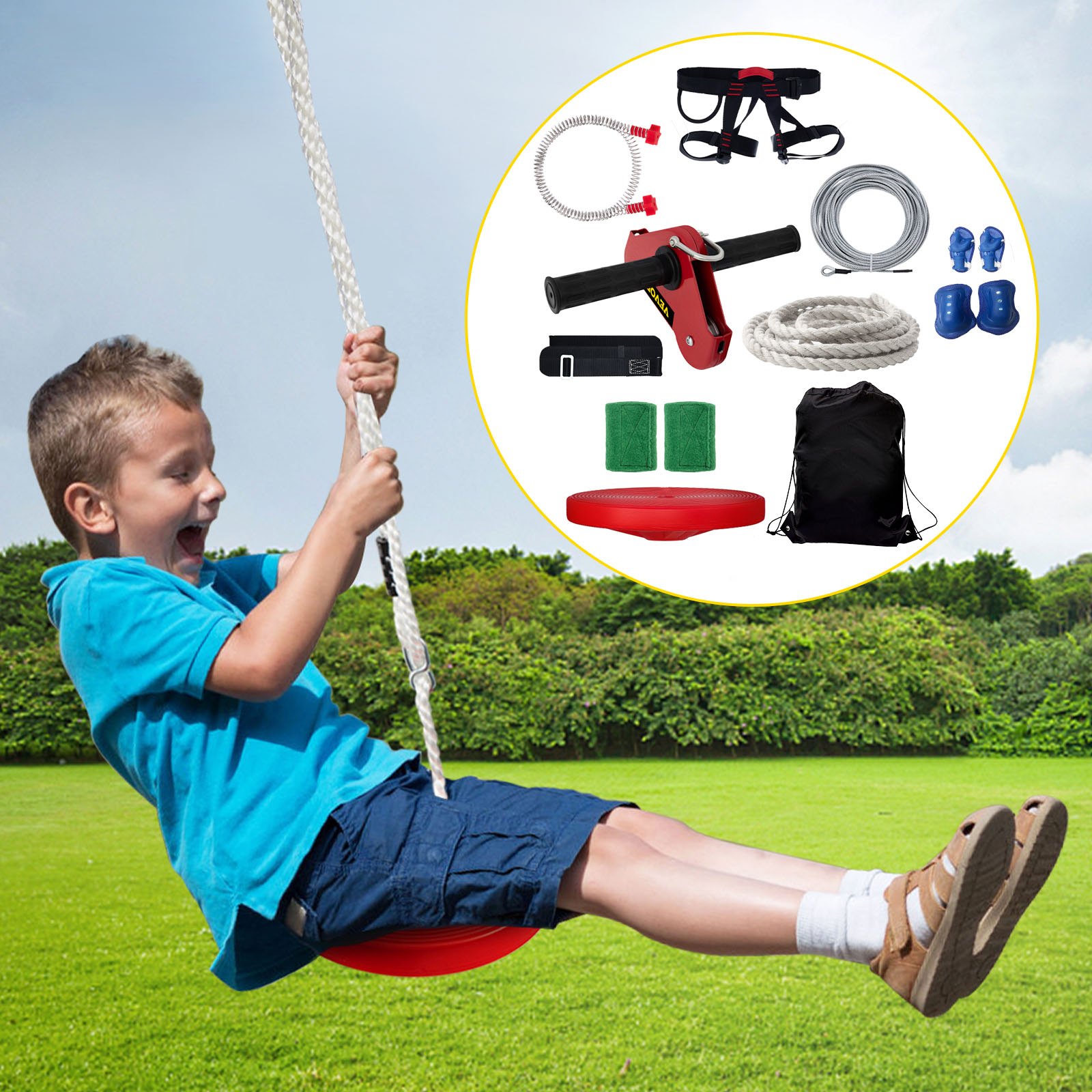 Tuspuzz Kits de Tirolina para Patio, Tirolina para Niños y Adultos, Incluye Asiento de Columpio, Freno de Tirolina, y Carro de Acero, Equipo de Patio al Aire Libre. (90FT)