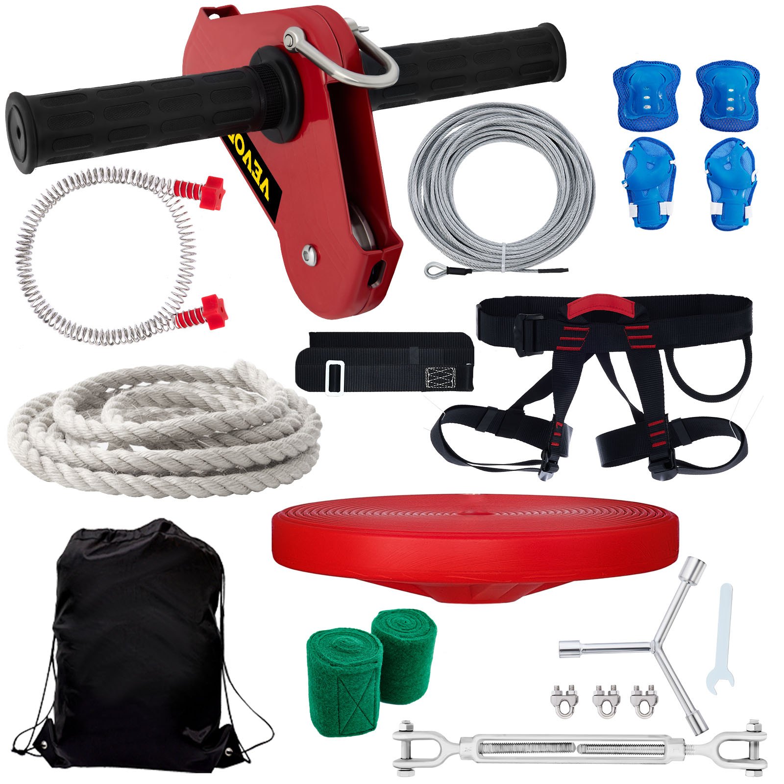 Tuspuzz Kits de Tirolina para Patio, Tirolina para Niños y Adultos, Incluye Asiento de Columpio, Freno de Tirolina, y Carro de Acero, Equipo de Patio al Aire Libre. (90FT)