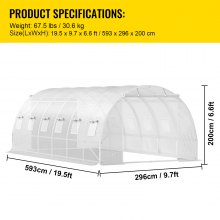 Invernadero de túnel portátil VEVOR de 20 x 10 x 7 pies con aros de acero galvanizado, 3 vigas superiores, postes diagonales, 2 puertas con cremallera y 12 ventanas enrollables, color blanco