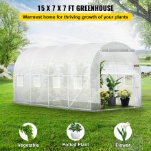 Invernadero tipo túnel VEVOR, invernadero portátil para plantas de 15 x 7 x 7 pies con aros de acero galvanizado, 1 viga superior, postes diagonales, puerta con cremallera y 8 ventanas enrollables, color blanco