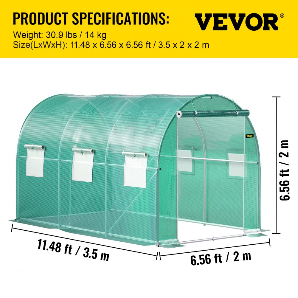 Invernadero tipo túnel transitable VEVOR de 3,58 x 2 x 2 metros, invernadero portátil para plantas con aros de acero galvanizado, 1 viga superior, 2 postes diagonales, 1 puerta con cremallera y 6 ventanas enrollables, color verde.