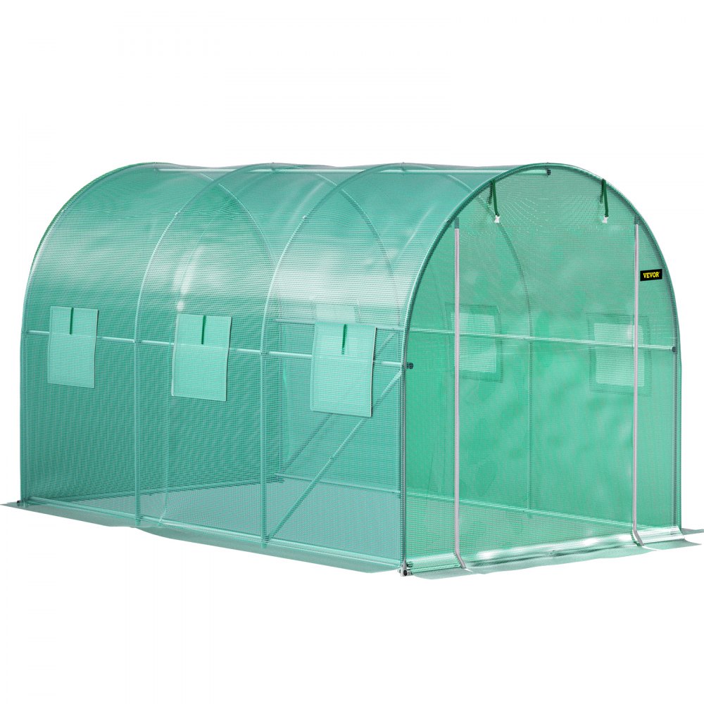 Invernadero tipo túnel transitable VEVOR de 3,58 x 2 x 2 metros, invernadero portátil para plantas con aros de acero galvanizado, 1 viga superior, 2 postes diagonales, 1 puerta con cremallera y 6 ventanas enrollables, color verde.