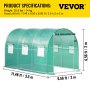 Invernadero tipo túnel transitable VEVOR de 3,58 x 2 x 2 metros, invernadero portátil para plantas con aros de acero galvanizado, 1 viga superior, 2 postes diagonales, 1 puerta con cremallera y 6 ventanas enrollables, color verde.
