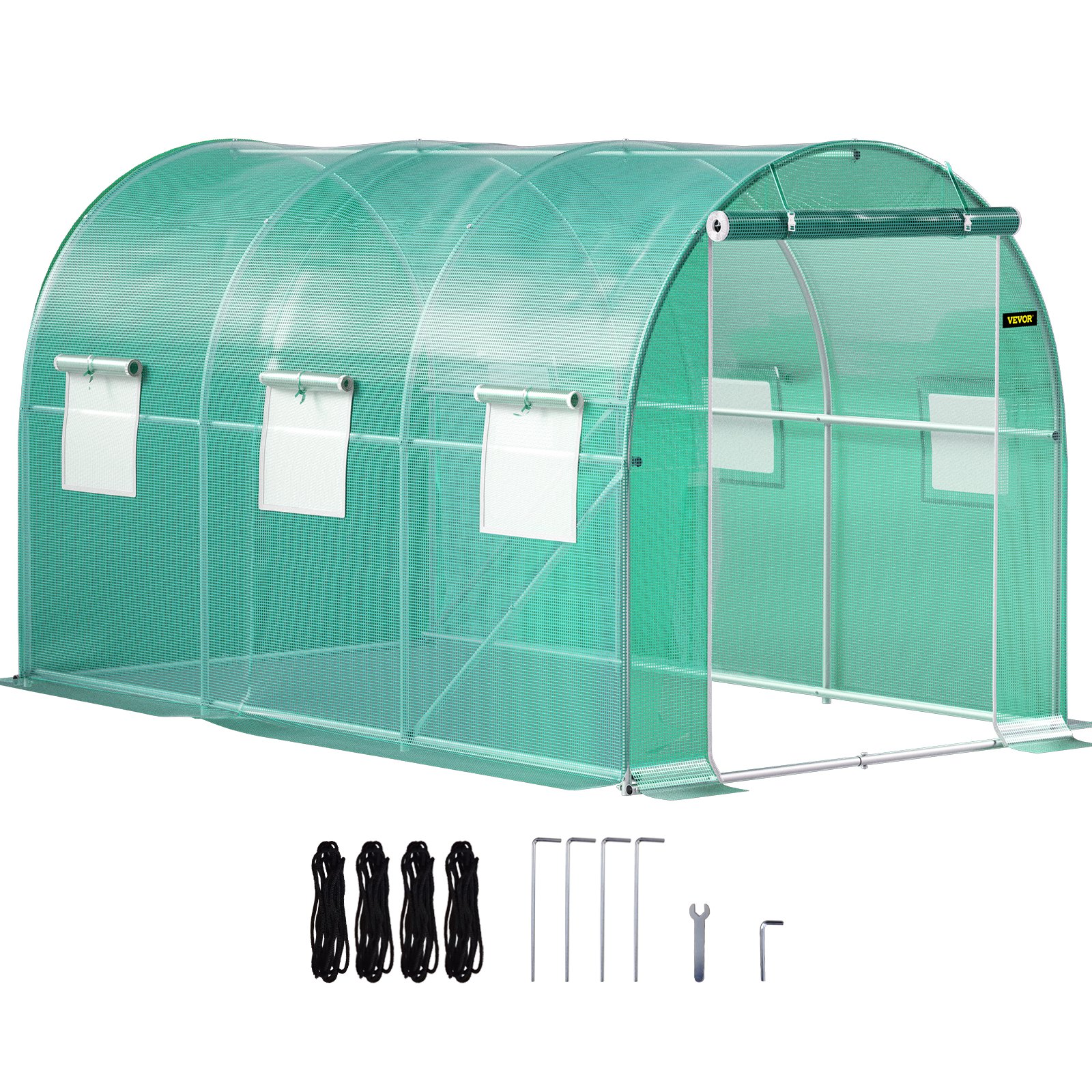 Invernadero tipo túnel transitable VEVOR de 3,58 x 2 x 2 metros, invernadero portátil para plantas con aros de acero galvanizado, 1 viga superior, 2 postes diagonales, 1 puerta con cremallera y 6 ventanas enrollables, color verde.