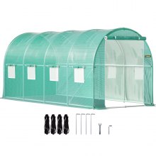 Invernadero tipo túnel VEVOR, invernadero portátil para plantas de 15 x 7 x 7 pies con aros de acero galvanizado, 1 viga superior, postes diagonales, puerta con cremallera y 8 ventanas enrollables, verde