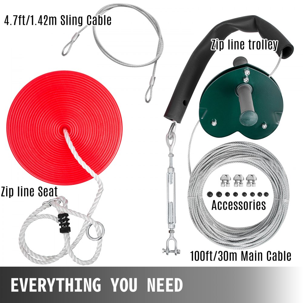Kit de tirolina VEVOR con cable de eslinga, asiento de tirolina, carro y cable principal.