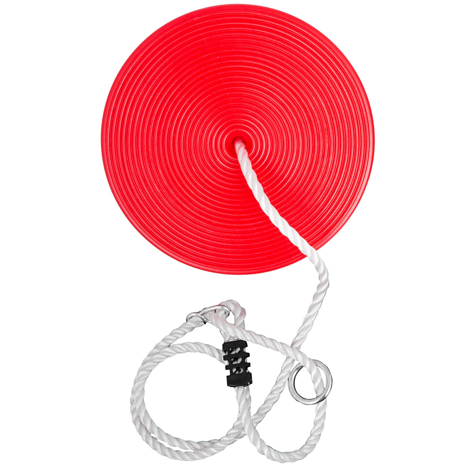 Kit de tirolina VEVOR rojo con asiento de disco, cuerda blanca y hebilla negra de fijación.