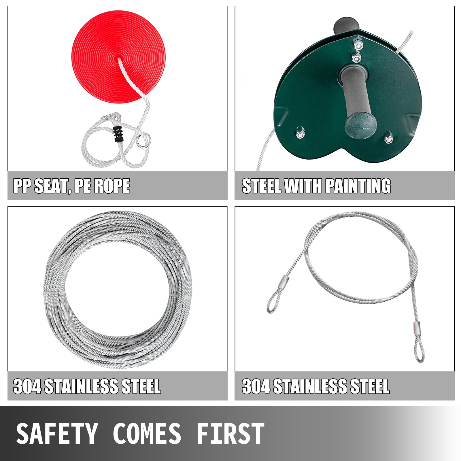 Kit de tirolina VEVOR: asiento de polipropileno, cuerda de polietileno, acero pintado, cables de acero inoxidable 304. La seguridad es lo primero.