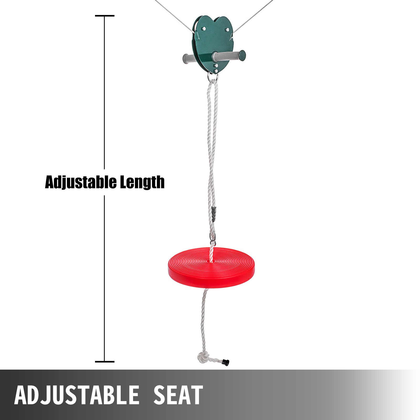 Kit de tirolina VEVOR con longitud ajustable y asiento rojo.