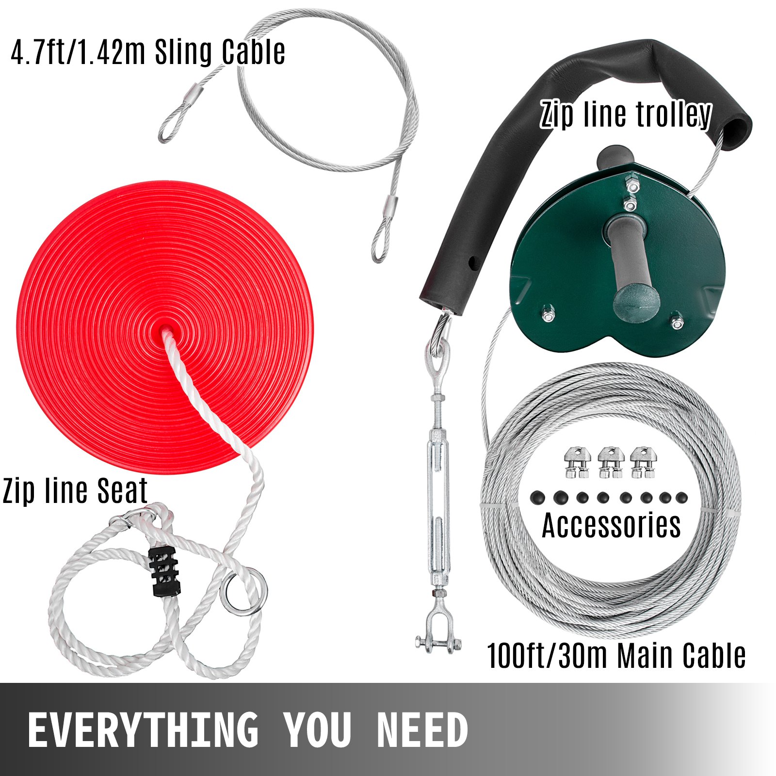 Kit de tirolina VEVOR con cable de eslinga, asiento de tirolina, carro y cable principal.
