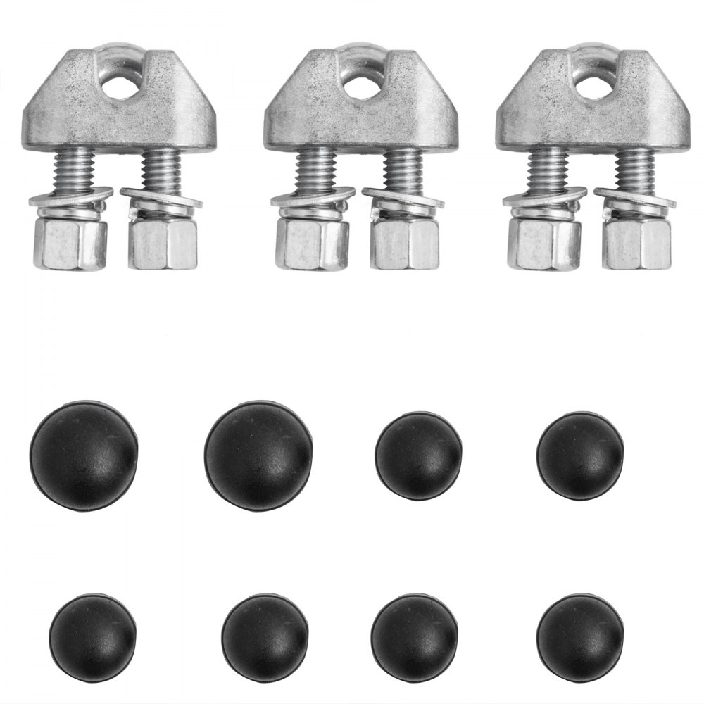 Los componentes de hardware del kit de tirolina sentado VEVOR incluyen abrazaderas y tapas redondeadas.