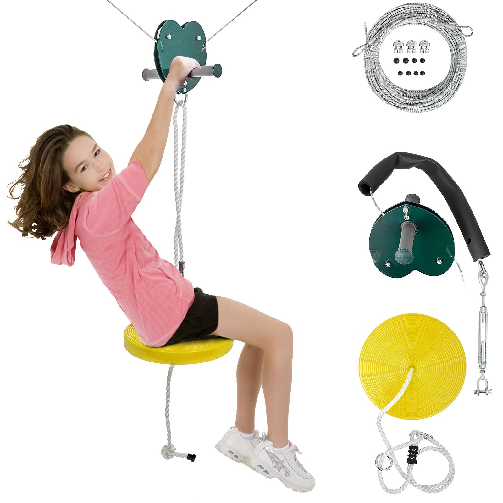 Niño usando el kit de tirolina sentado VEVOR con asiento amarillo y componentes de cable mostrados.