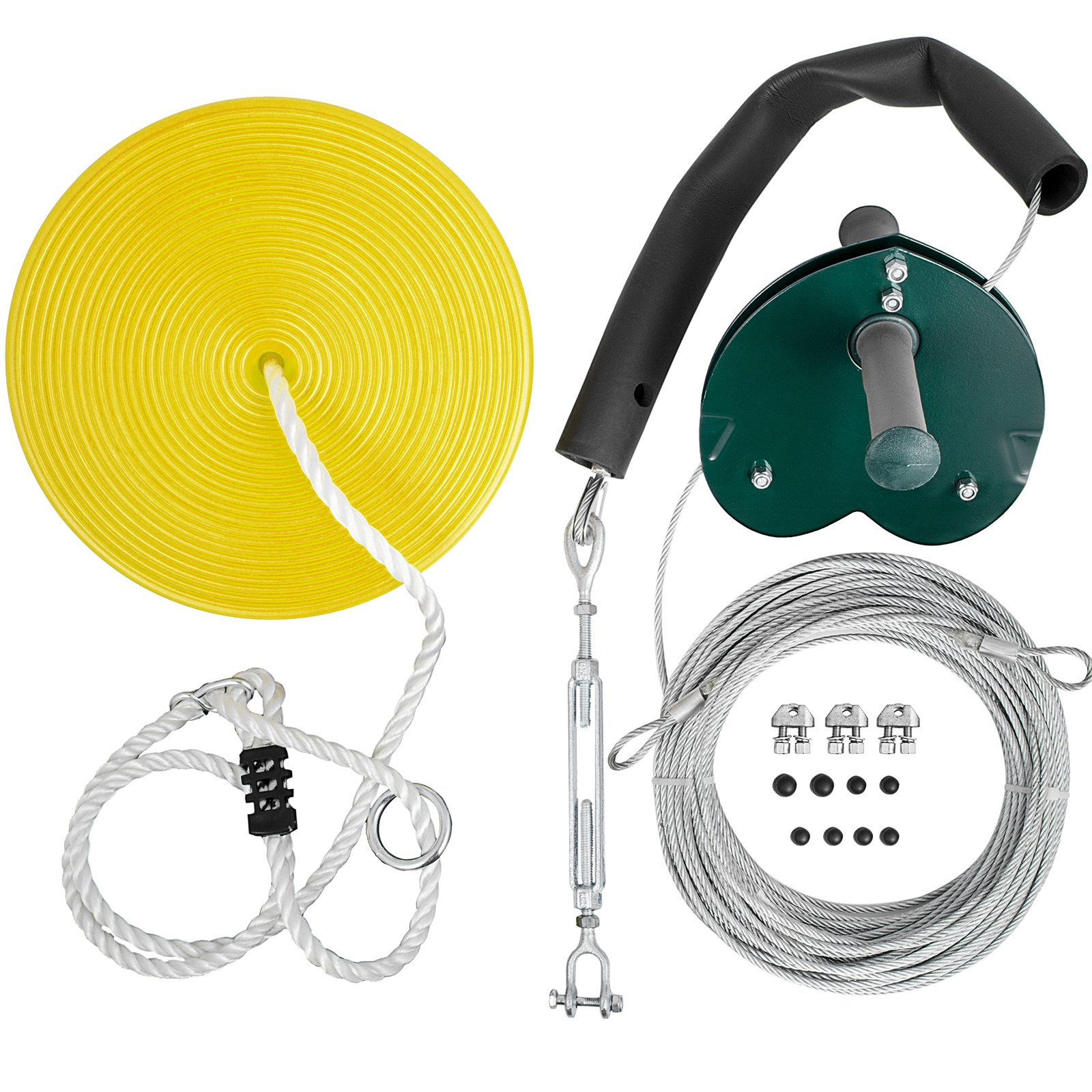 Kit de tirolina sentado VEVOR con cuerda amarilla, asa, cable de acero y herrajes de montaje.