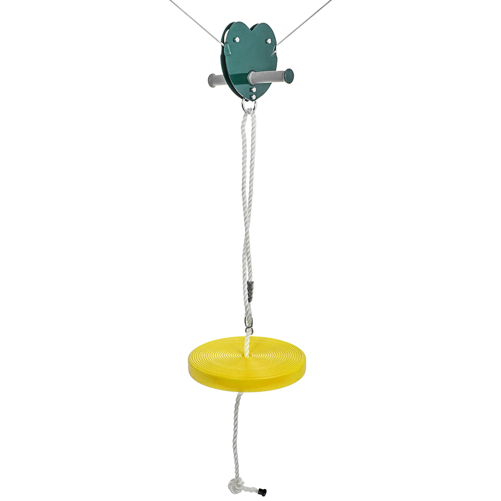 Kit de tirolina sentada VEVOR con asiento de disco amarillo y sistema de poleas verdes.