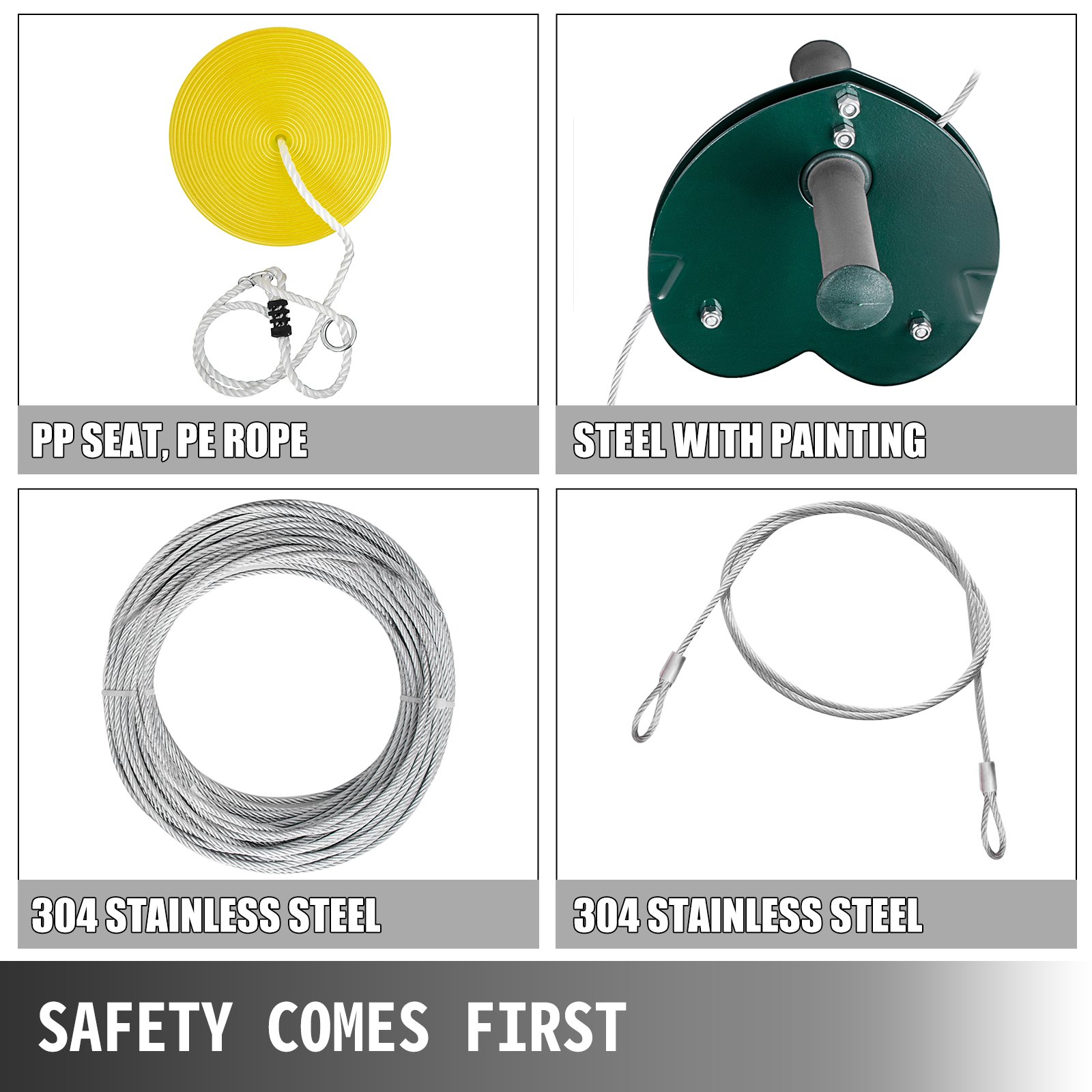Kit de tirolina sentada VEVOR con asiento de polipropileno, cuerda de polietileno y cable de acero inoxidable 304.