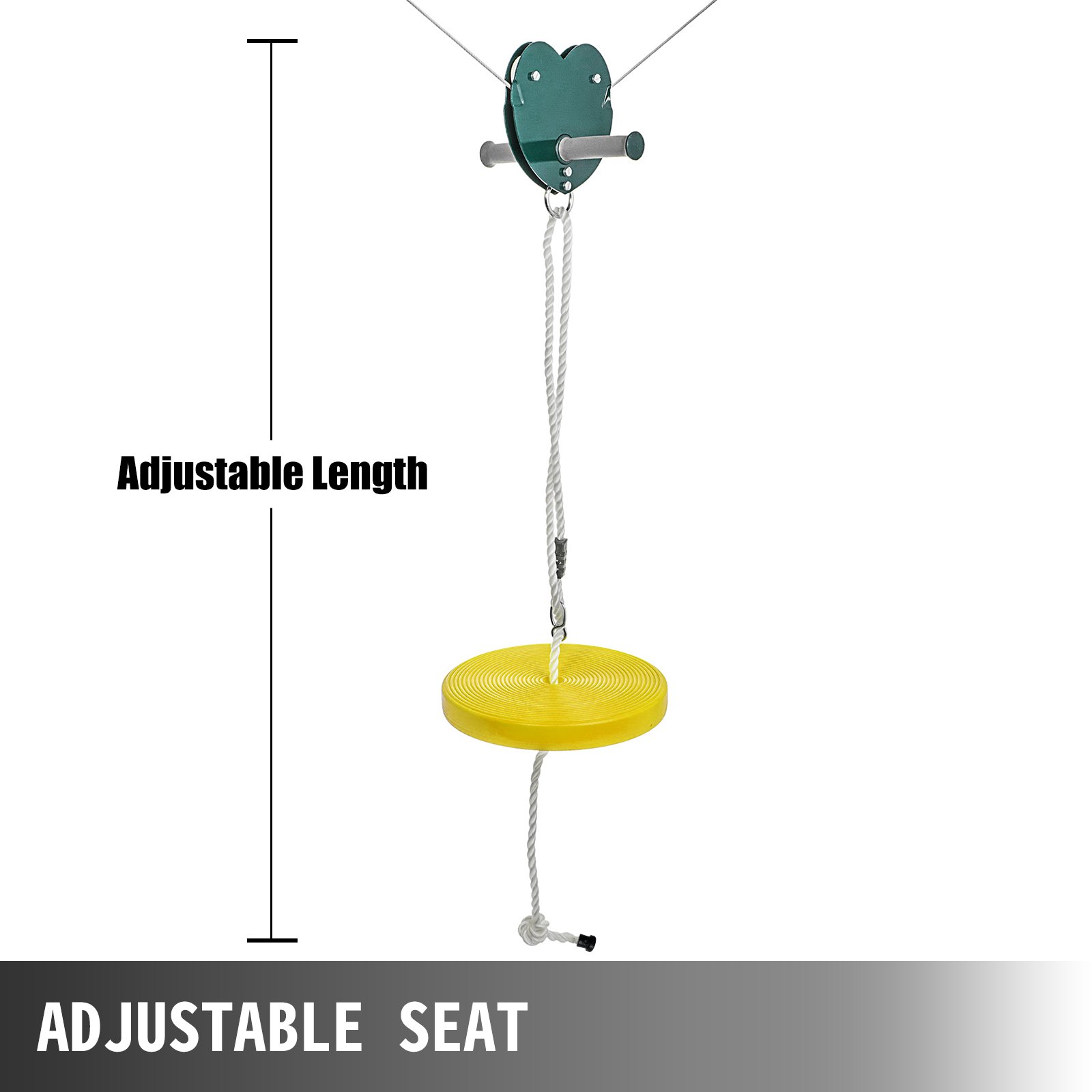 Kit de tirolina sentado VEVOR con longitud ajustable y asiento circular amarillo.