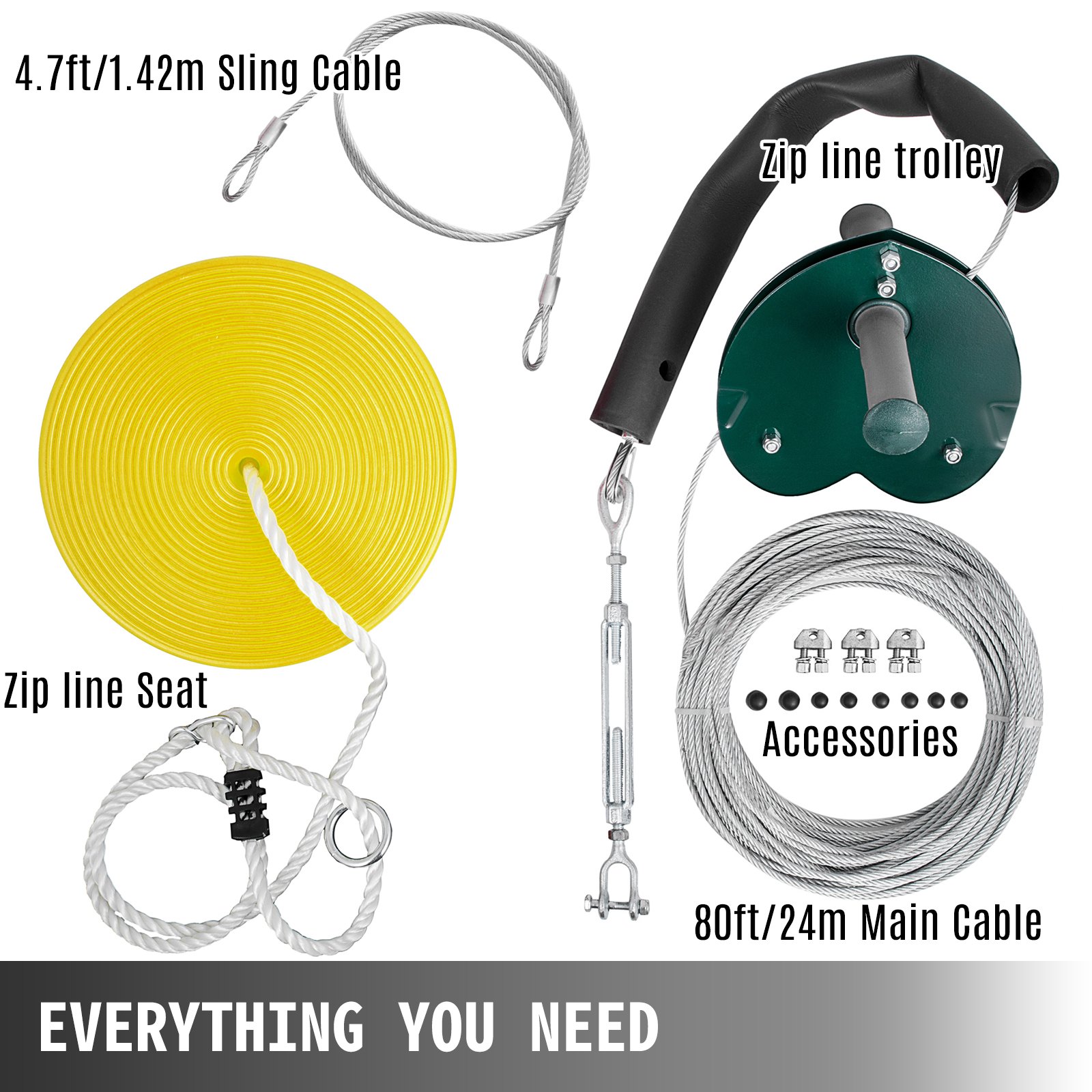 Kit de tirolina sentado VEVOR con cable principal, cable de eslinga, asiento, carro y accesorios.