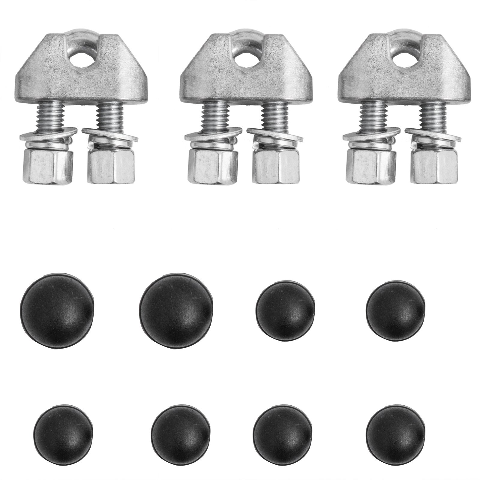 Los componentes de hardware del kit de tirolina sentado VEVOR incluyen abrazaderas y tapas redondeadas.