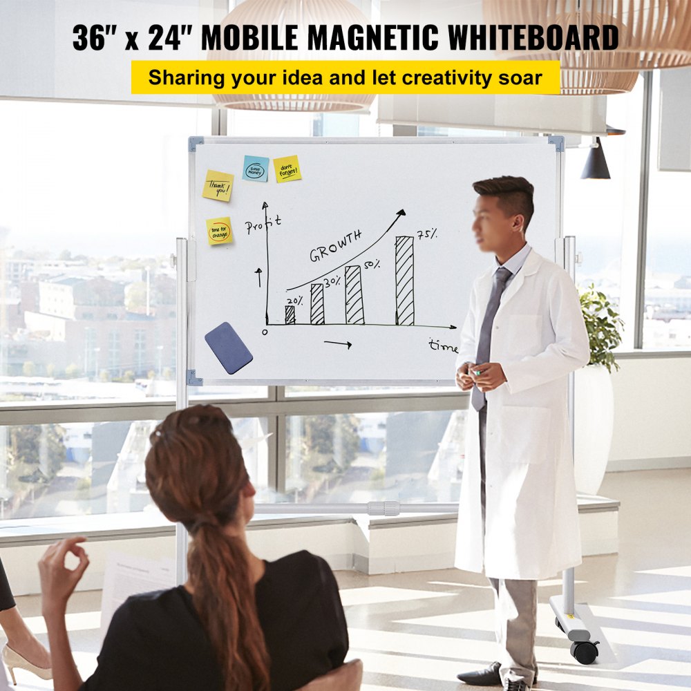 Pizarra magnética móvil VEVOR, 91 x 61 cm, doble cara, reversible, con ruedas de borrado en seco, altura ajustable, marco de aluminio y ruedas giratorias bloqueables, para oficina, escuela y hogar.