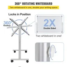 Pizarra blanca magnética móvil VEVOR, 36 x 24 pulgadas, doble cara, pizarra de borrado en seco reversible de 360 grados, altura ajustable con marco de aluminio y ruedas giratorias bloqueables, para oficina, escuela, hogar