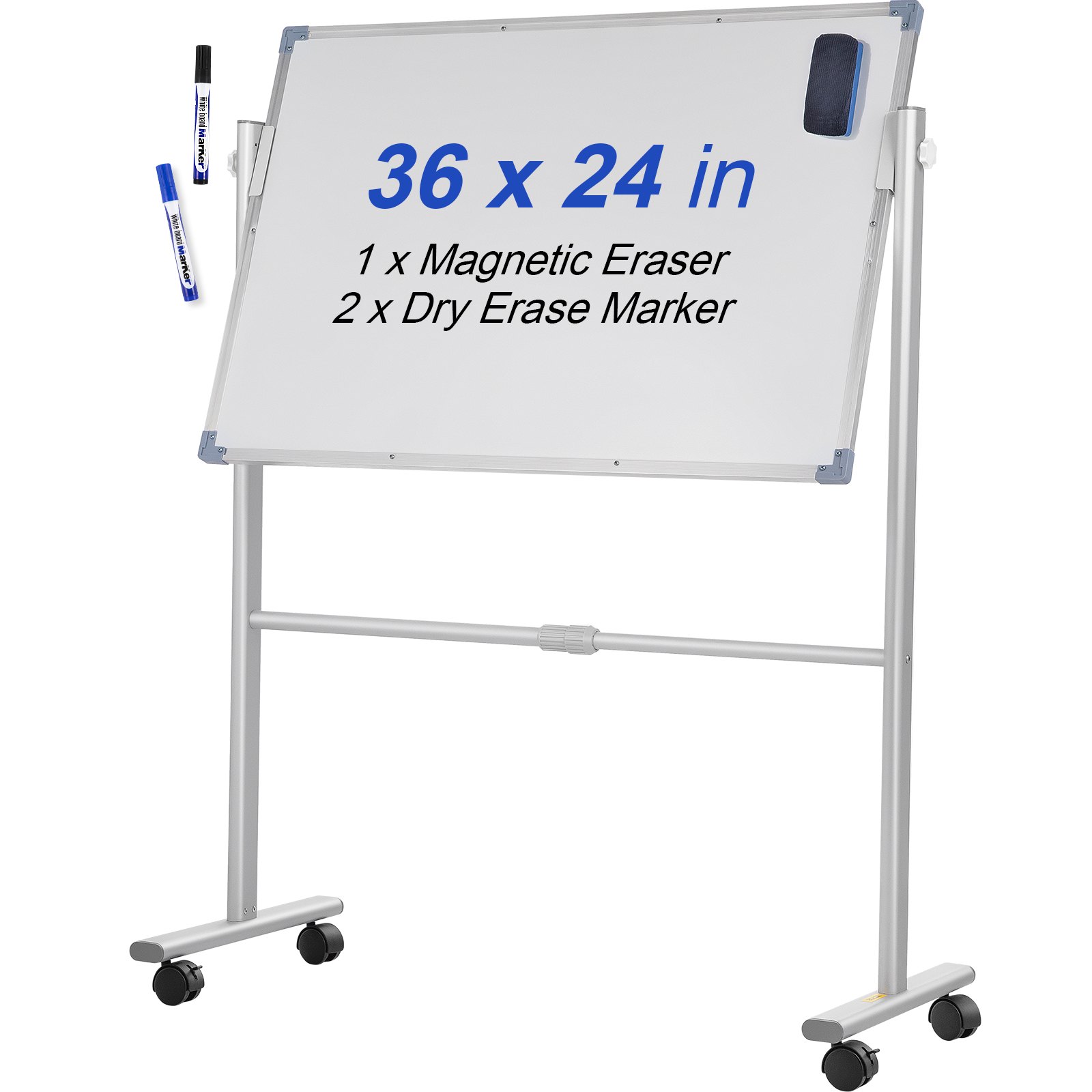 Pizarra magnética móvil VEVOR, 91 x 61 cm, doble cara, reversible, con ruedas de borrado en seco, altura ajustable, marco de aluminio y ruedas giratorias bloqueables, para oficina, escuela y hogar.
