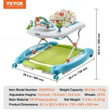 Andador para bebé 4 en 1 VEVOR, centro de actividades plegable para bebés con ruedas, altura ajustable en 3 posiciones, bandeja para música y juguetes, asiento de aprendizaje, andador para caminar detrás, balancín, andador para niños pequeños de 6 a 24 meses