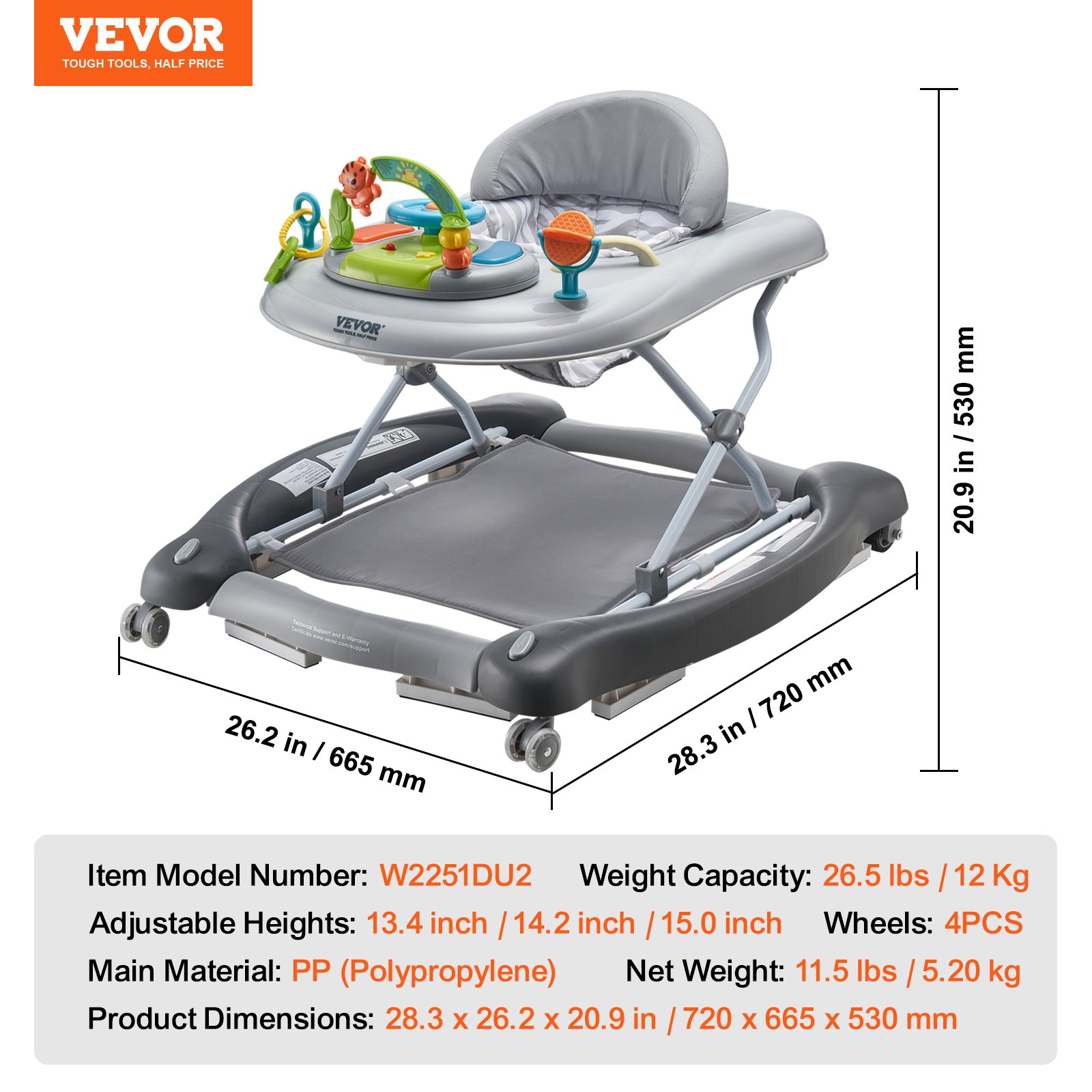 Andador para bebé 4 en 1 VEVOR, centro de actividades plegable con ruedas, altura ajustable en 3 posiciones, bandeja para música y juguetes, asiento de aprendizaje | Andador con pedal | Balancín | Andador para niños de 6 a 24 meses