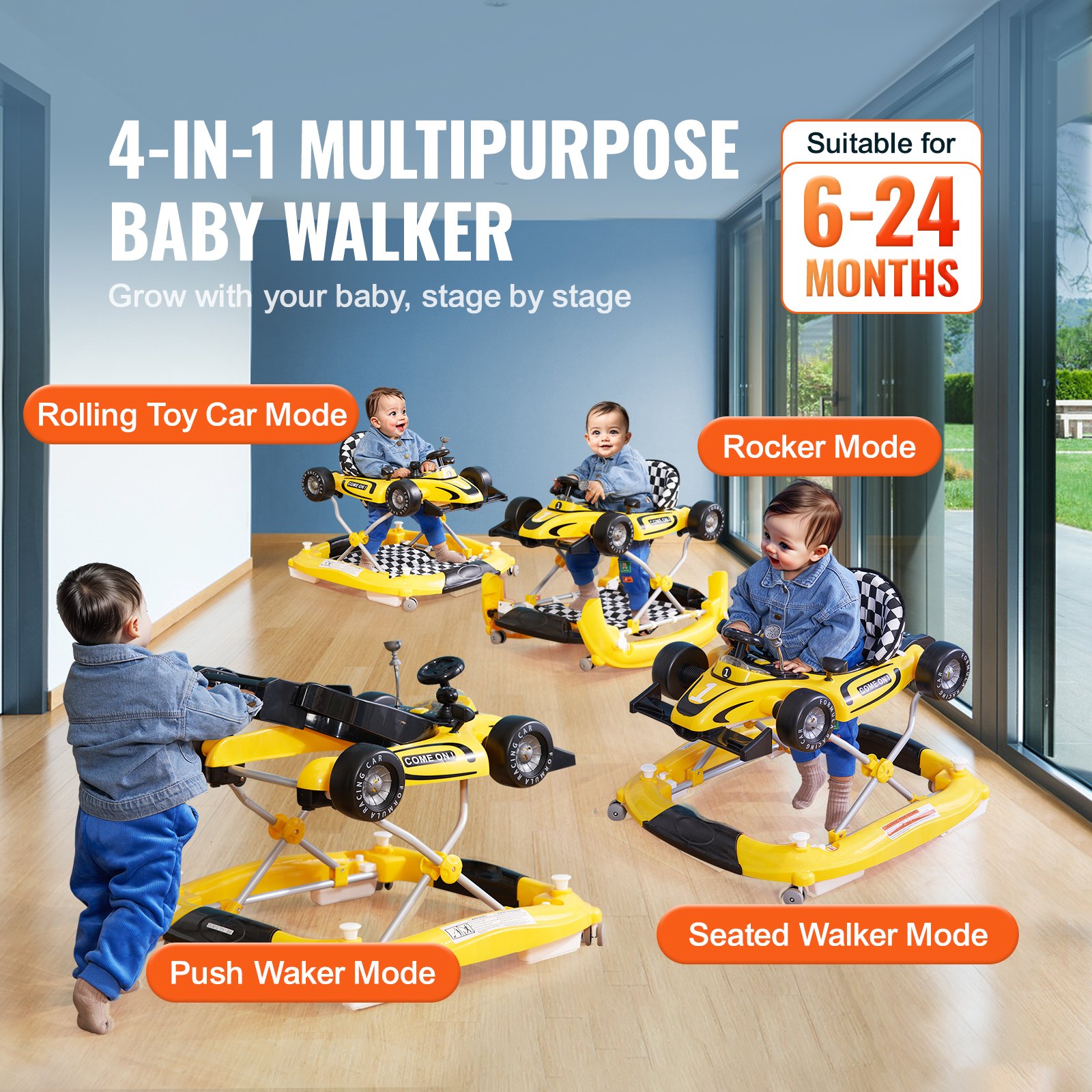 Andador para bebé 4 en 1 VEVOR, centro de actividades plegable con ruedas, altura ajustable, luz, volante, coche de juguete | Aprendizaje sentado | Andador de empuje | Andador mecedor para niños de 6 a 24 meses