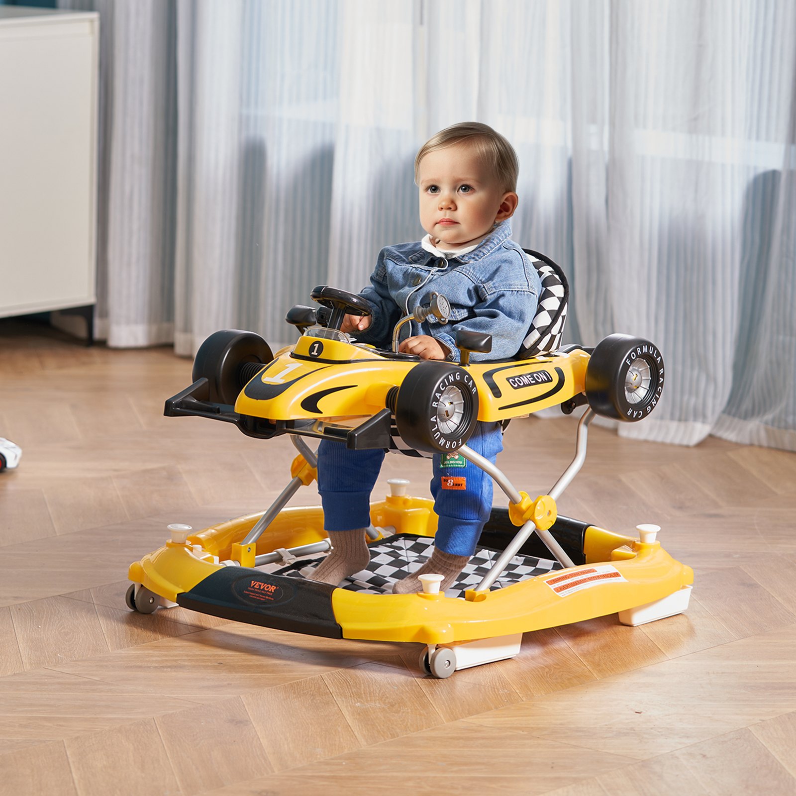 Andador para bebé 4 en 1 VEVOR, centro de actividades plegable con ruedas, altura ajustable, luz, volante, coche de juguete | Aprendizaje sentado | Andador de empuje | Andador mecedor para niños de 6 a 24 meses