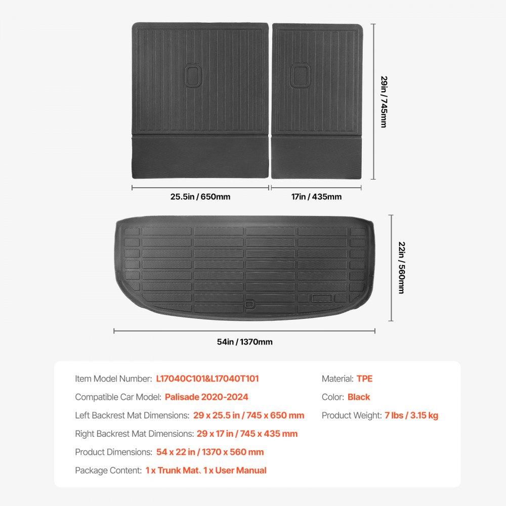 Alfombrillas de carga VEVOR compatibles con Hyundai Palisade 2020-2024, juego de revestimiento de carga de TPE personalizado para SUV, protector de maletero y asiento trasero de repuesto, color negro, alfombrilla para maletero y respaldo.