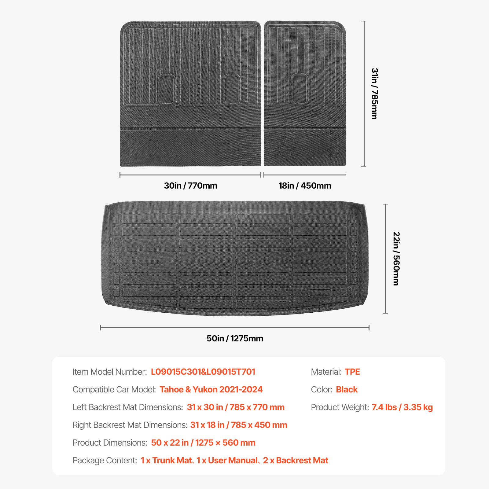 Alfombrillas de carga VEVOR compatibles con Chevrolet Tahoe y GMC Yukon 2021-2024, juego de revestimiento de carga de TPE personalizado para SUV, protector de maletero y asiento trasero de repuesto, alfombrilla para maletero y respaldo.