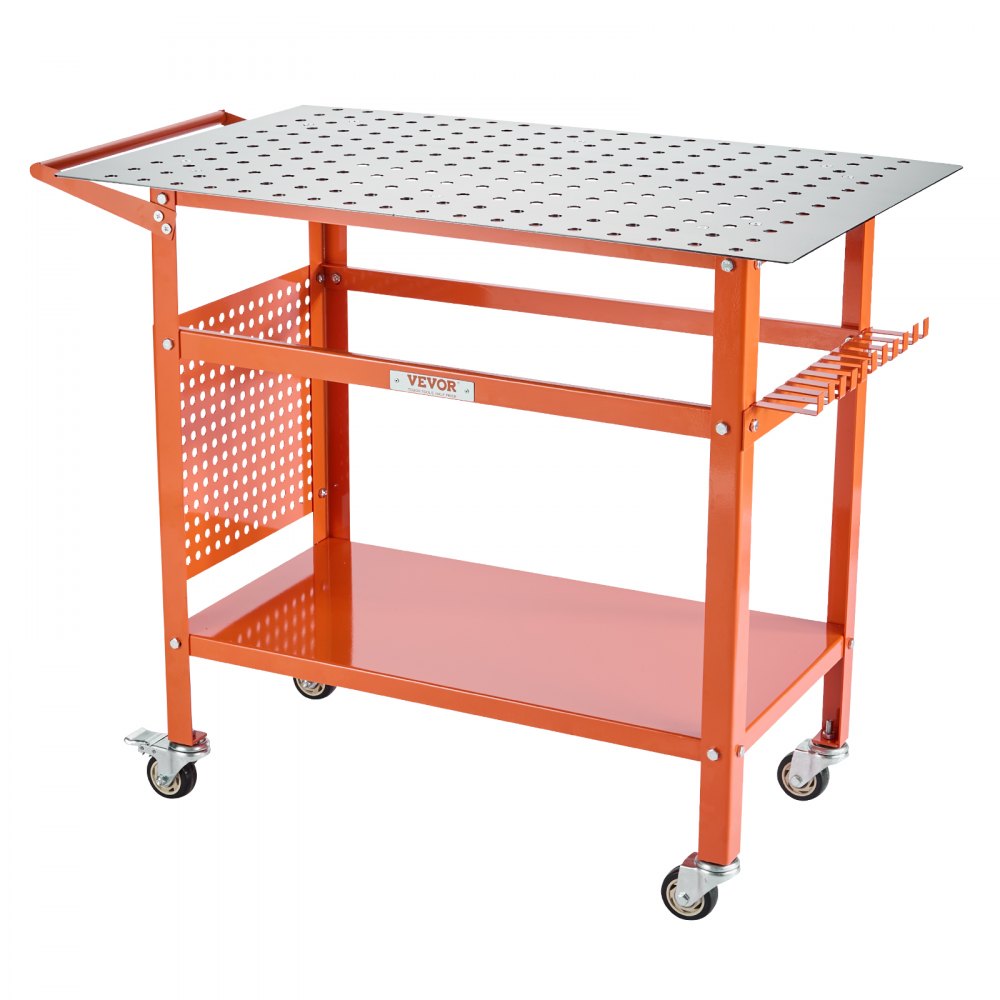 Mesa de soldadura VEVOR de 101,6 x 61 cm con capacidad de peso estático de 362 kg, banco de trabajo móvil de acero con 4 ruedas (2 con freno), tablero de almacenamiento de doble capa y orificios para fijación de 1,6 cm.