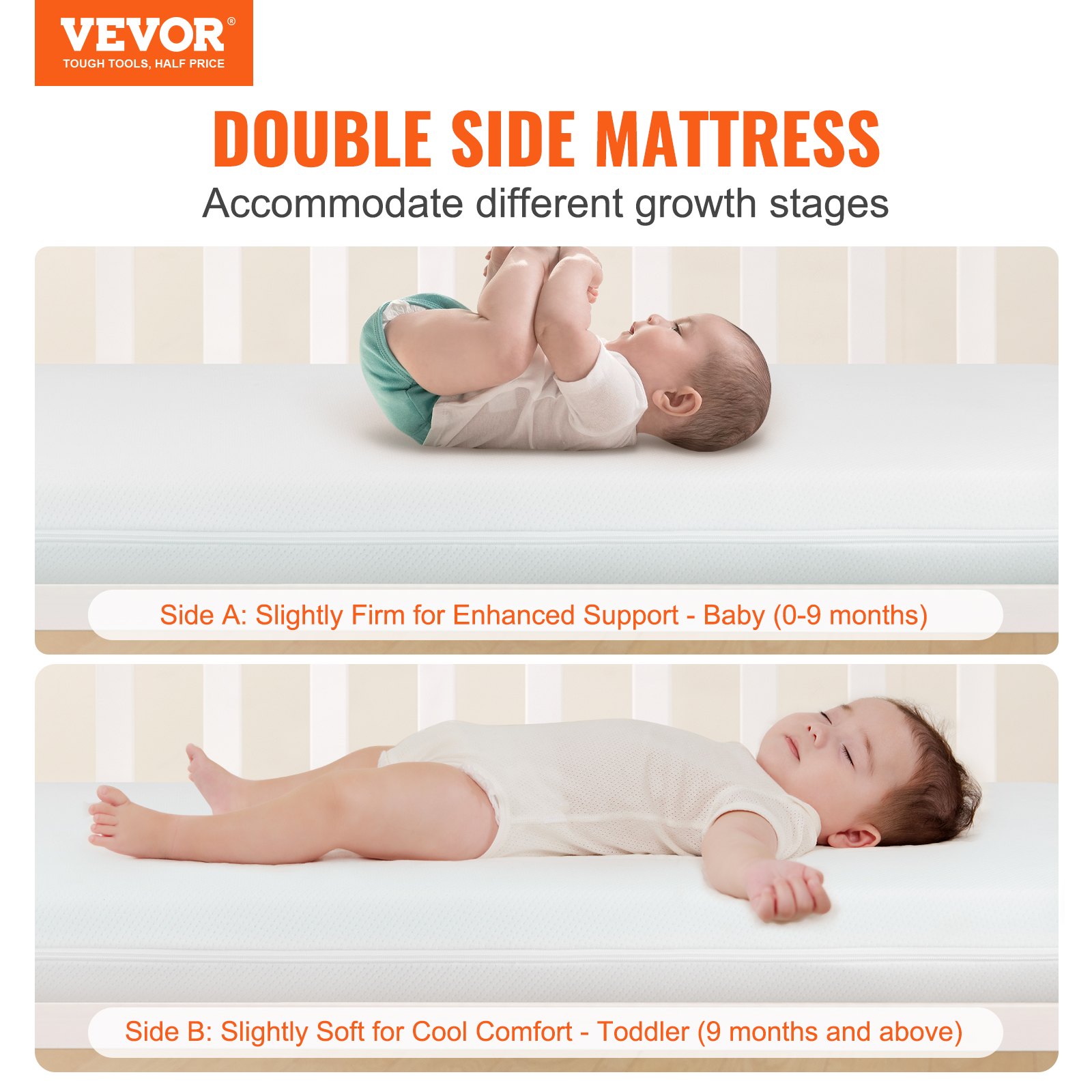 VEVOR Colchón para cuna, colchón transpirable de dos caras de espuma viscoelástica, colchón para bebé para bebés y niños pequeños con 2 fundas impermeables para reemplazo, extraíble y lavable, 24 x 38 x 3,1 pulgadas
