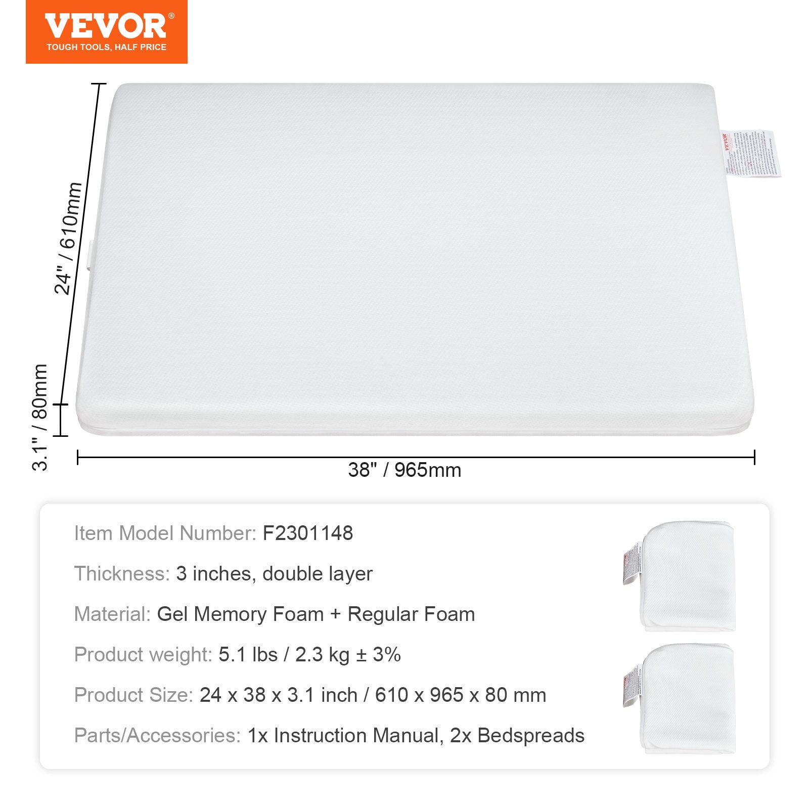 VEVOR Colchón para cuna, colchón transpirable de dos caras de espuma viscoelástica, colchón para bebé para bebés y niños pequeños con 2 fundas impermeables para reemplazo, extraíble y lavable, 24 x 38 x 3,1 pulgadas