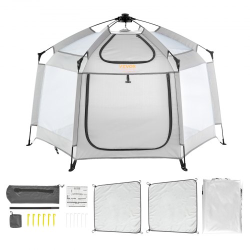 VEVOR Parque para bebés con dosel, parque portátil para interiores y exteriores para bebés y niños pequeños, liviano y plegable, patio de juegos emergente para niños pequeños con 3 sombrillas y bolsa de viaje para Park Beach Home, 59.8 "x 59.8