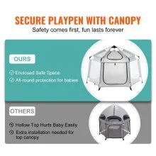 VEVOR Parque para bebés con dosel, parque portátil para interiores y exteriores para bebés y niños pequeños, liviano y plegable, patio de juegos emergente para niños pequeños con 3 sombrillas y bolsa de viaje para Park Beach Home, 59.8 "x 59.8