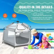 VEVOR Parque para bebés con dosel, parque portátil para interiores y exteriores para bebés y niños pequeños, liviano y plegable, patio de juegos emergente para niños pequeños con 3 sombrillas y bolsa de viaje para Park Beach Home, 59.8 "x 59.8