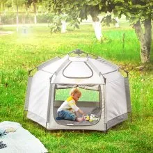 VEVOR Parque para bebés con dosel, parque portátil para interiores y exteriores para bebés y niños pequeños, liviano y plegable, patio de juegos emergente para niños pequeños con 3 sombrillas y bolsa de viaje para Park Beach Home, 59.8 "x 59.8