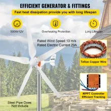VEVOR Generador de Turbina Eólica 12 V 500 W Aerogenerador Horizontal 5 Cuchillas Velocidad Nominal 13 m/s Kit de Turbina Eólica Resistente y Durable con Controlador de Carga MPPT para Hogar, Chalets