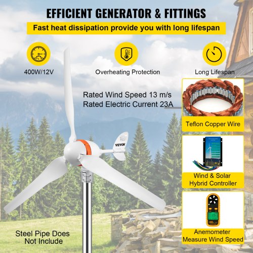 Generador de turbina eólica VEVOR, kit de turbina eólica de 12 V/CA, generador de energía eólica de 400 W con controlador de viento y solar, 3 cuchillas, ajuste automático, dirección del viento, adecuado para terraza, marina, autocaravana, chalet, barco
