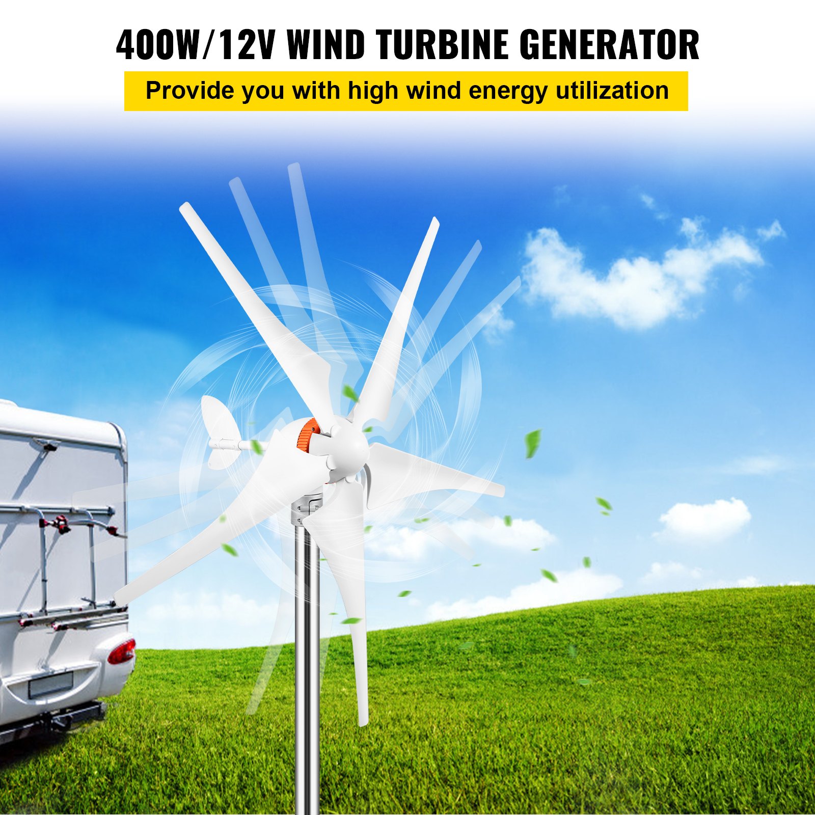 Generador de turbina eólica VEVOR, kit de turbina eólica de 12 V/CA, generador de energía eólica de 400 W con controlador MPPT, 5 cuchillas, ajuste automático de la dirección del viento, adecuado para terraza, marina, casa rodante, chalet, barco