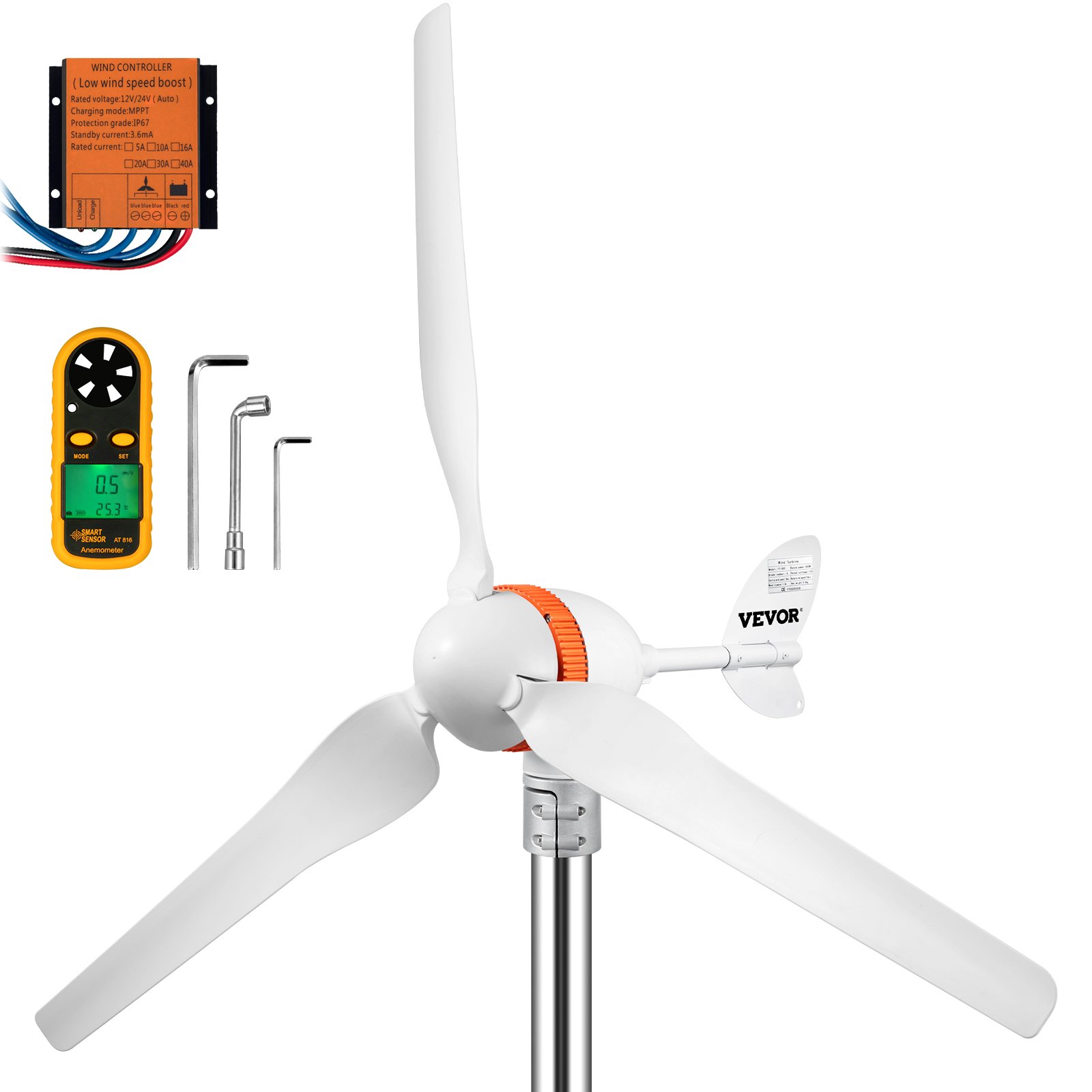Generador de turbina eólica VEVOR, kit de turbina eólica de 12 V/CA, generador de energía eólica de 400 W con controlador MPPT, 3 cuchillas, ajuste automático, dirección del viento, adecuado para terraza, marina, casa rodante, chalet, barco