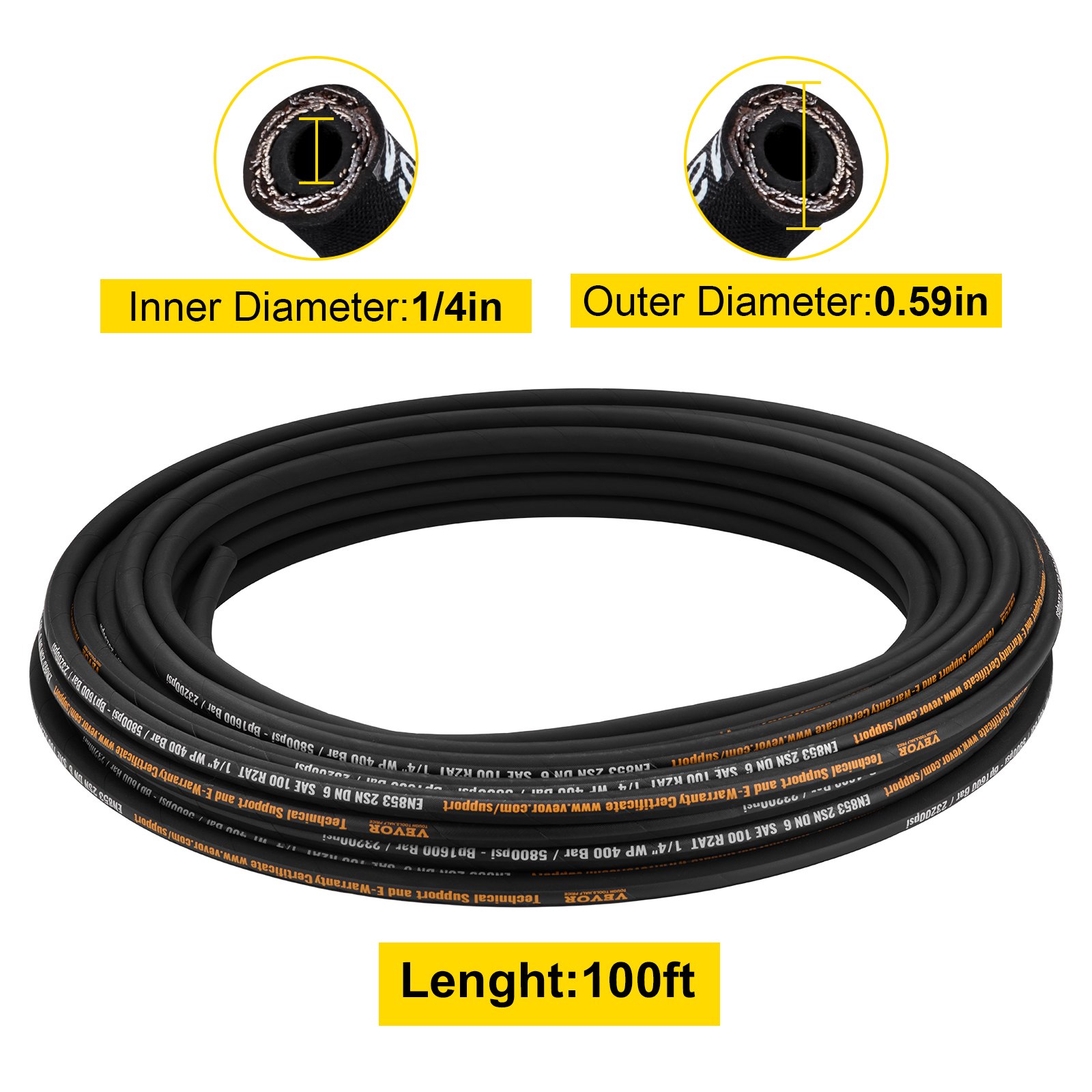 Manguera hidráulica VEVOR de 1/4 de pulgada x 100 pies, manguera hidráulica en espiral de 5800 PSI, manguera hidráulica de goma con 2 trenzas de acero de alta resistencia, manguera hidráulica a granel de -20 ℃ a 140 ℃, manguera flexible para aceite hidráulico